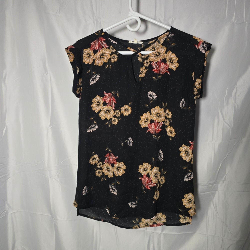 Maurices Womens XS Black Floral Polka Dot Keyhole Crisscross Neck Blouse Top